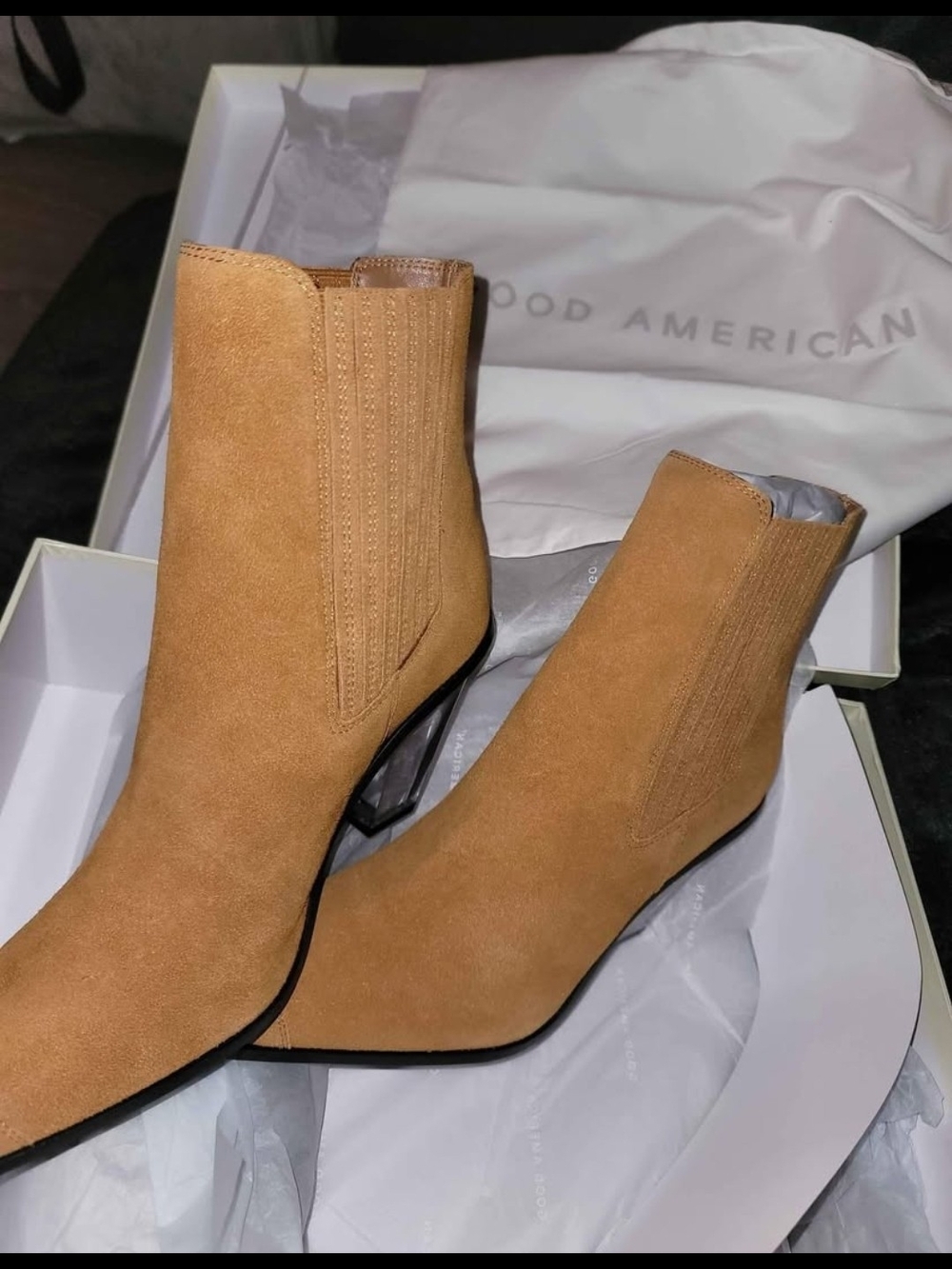 Good American Camel Suede Pointed-Toe Ankle Boots
